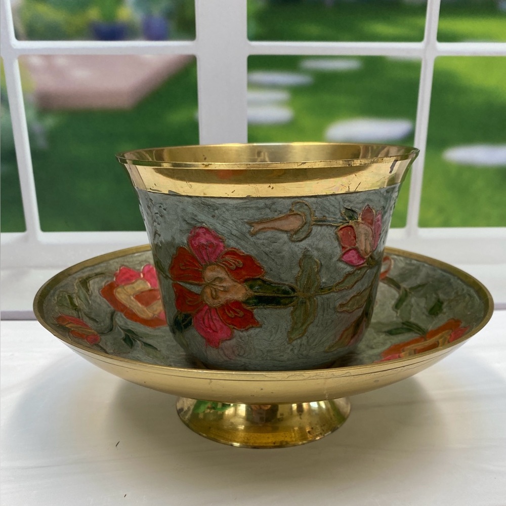 VTG Solid Brass Enamel Painted  Lacquered Floral Bowl Planter & Footed Dish Set